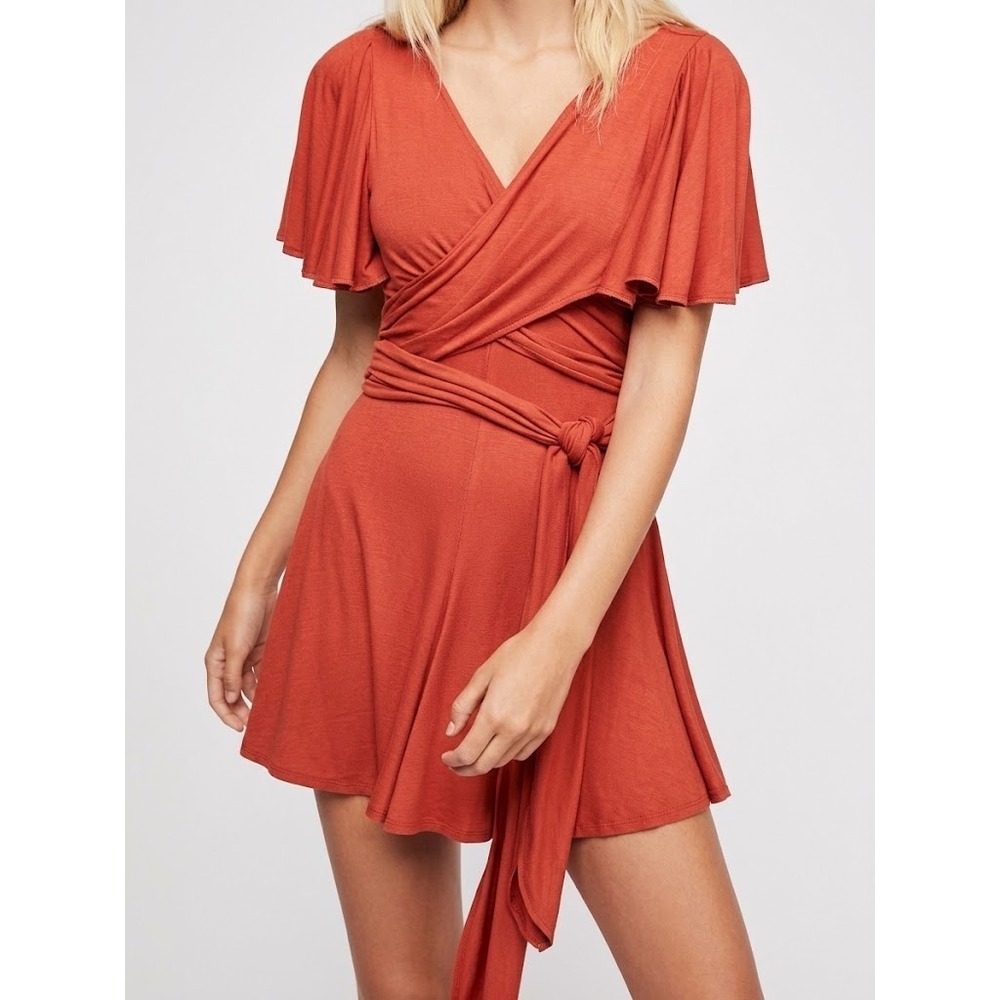 Free People Stretch Jersey Tie Wrap Front Flutter Sleeve Romper In Rust Sz M